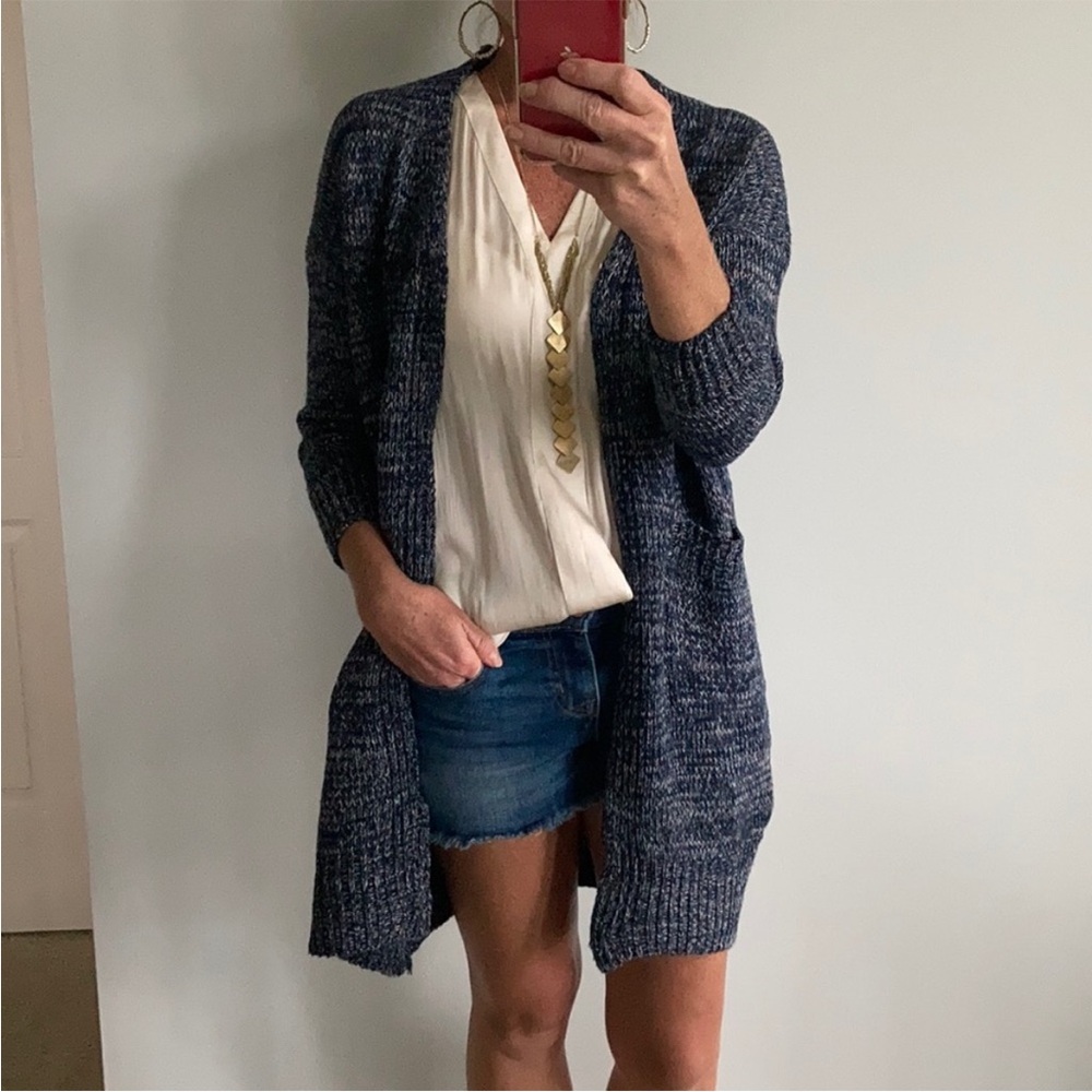 Navy Long Open Front Cardigan Sweater - Picture 3 of 9